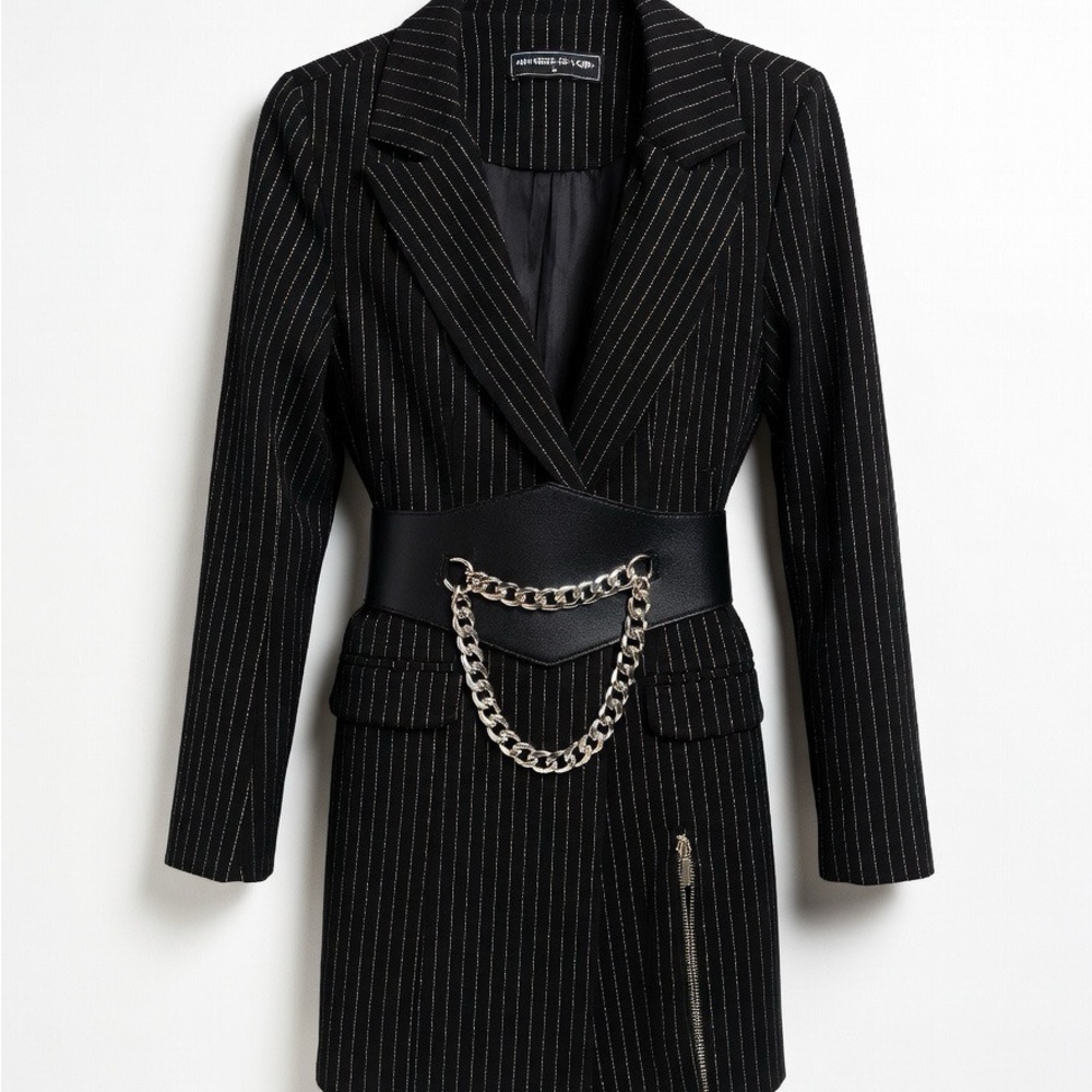 Manière De Voir Black Metallic Pinstripe Blazer Dress w Zip Hem- Size 2 XS/S - Picture 4 of 7